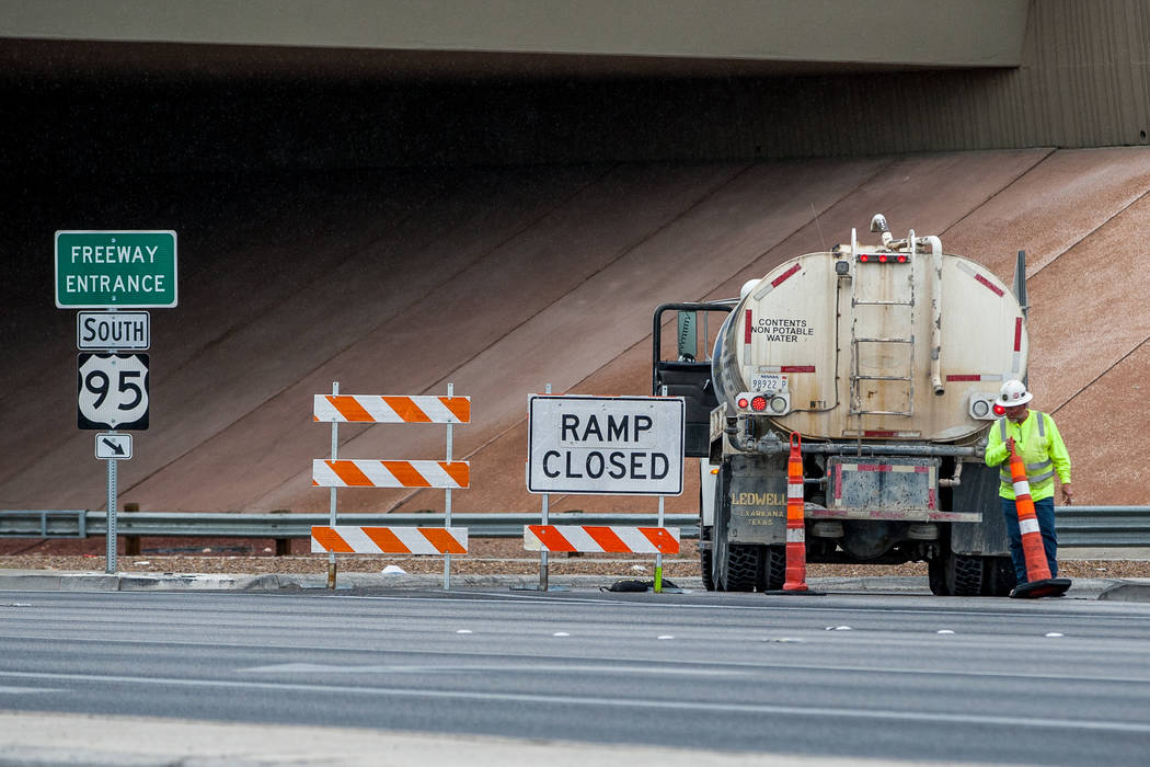 A construction worker moves a cone at the Rancho Drive on-ramp to U.S. Highway 95, which is closed due to construction, in Las Vegas on Saturday, March 10, 2018.  Patrick Connolly Las Vegas Review ...
