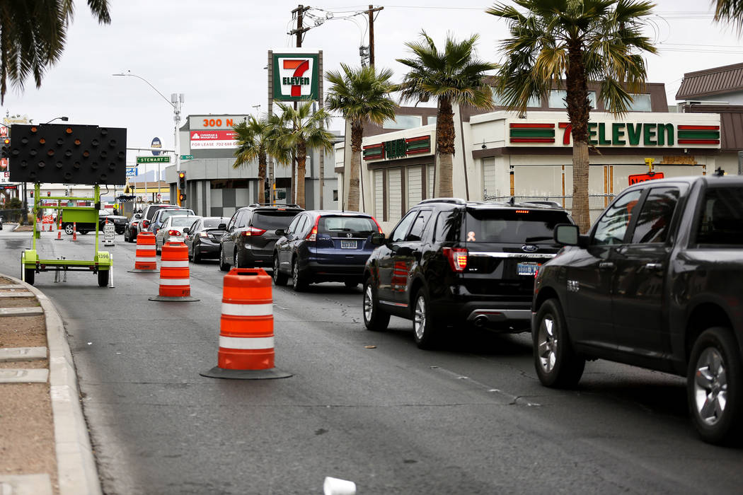 A view of traffic in the downtown area in Las Vegas on Saturday, March 10, 2018. Andrea Cornejo Las Vegas Review-Journal @DreaCornejo