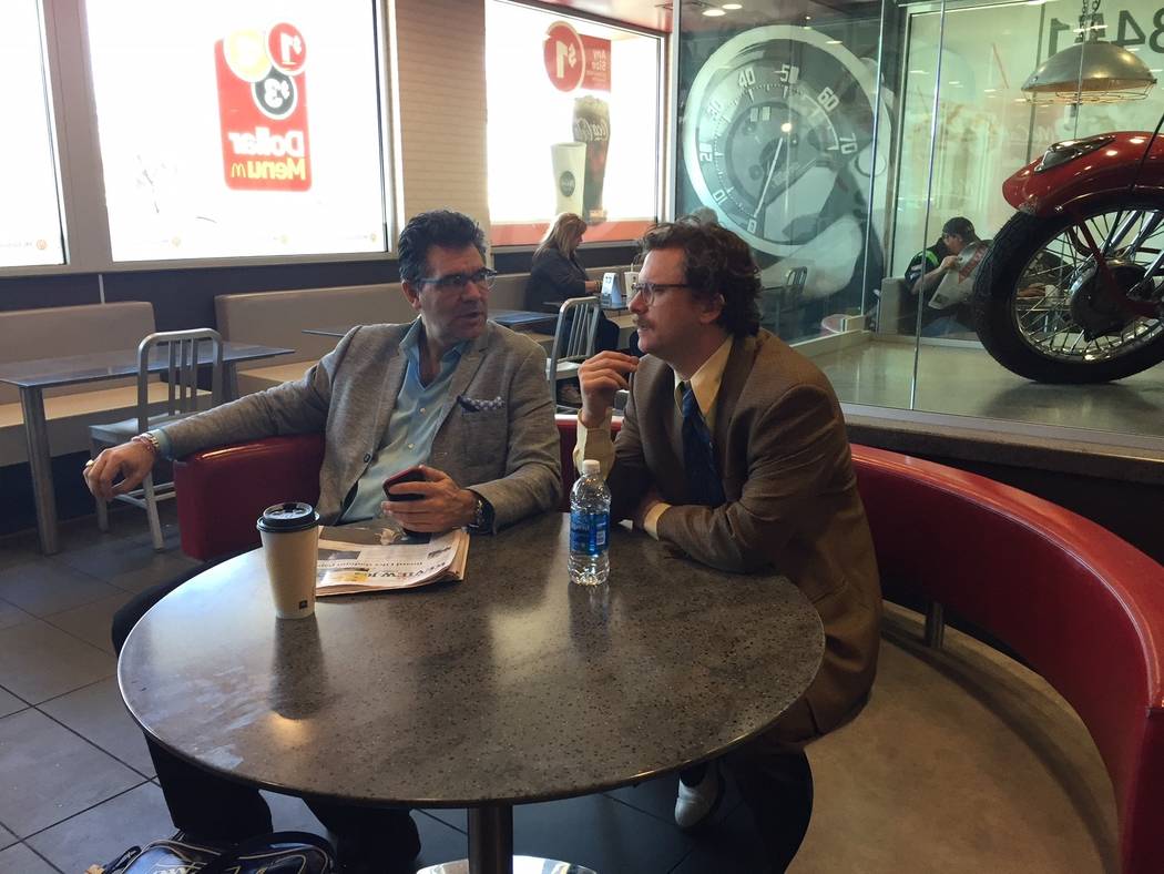 Review-Journal columnist John Katsilometes and "Opium" character/producer Harry M. Howie hold a summit at McDonald's on West Tropicana Avenue on Friday, March 2, 2018. (Thomas Judd)