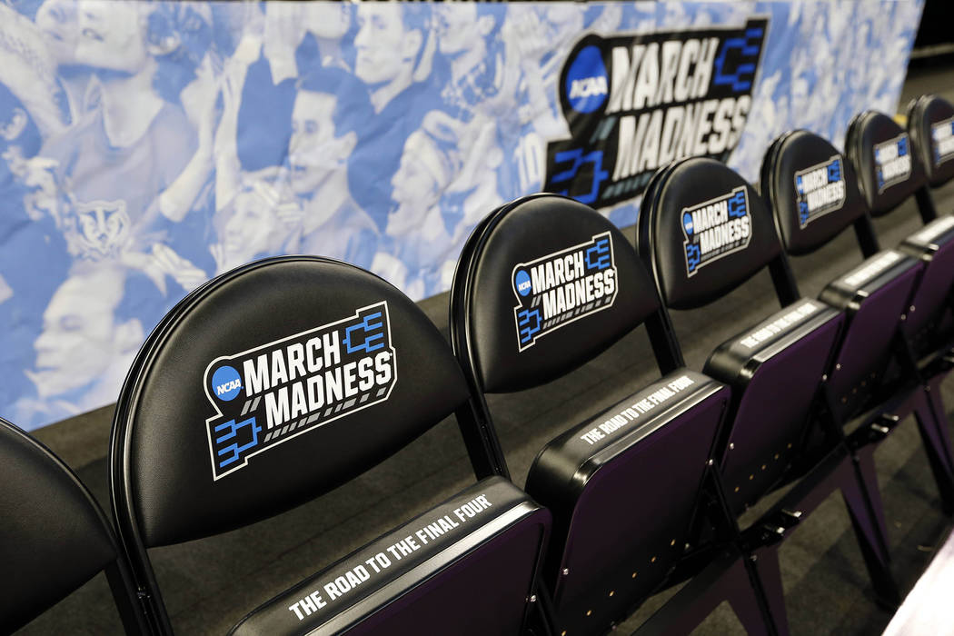 General view of the March Madness logo on chairs during practice prior to the first round of the NCAA Tournament at Amway Center in Orlando. (Kim Klement/USA Today Sports)
