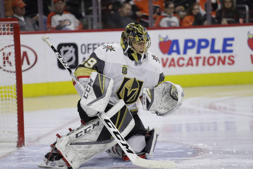 Vegas Golden Knights' Marc-Andre Fleury in action during an NHL hockey game against the Philadelphia Flyers, Monday, March 12, 2018, in Philadelphia. Vegas won 3-2. (AP Photo/Matt Slocum)