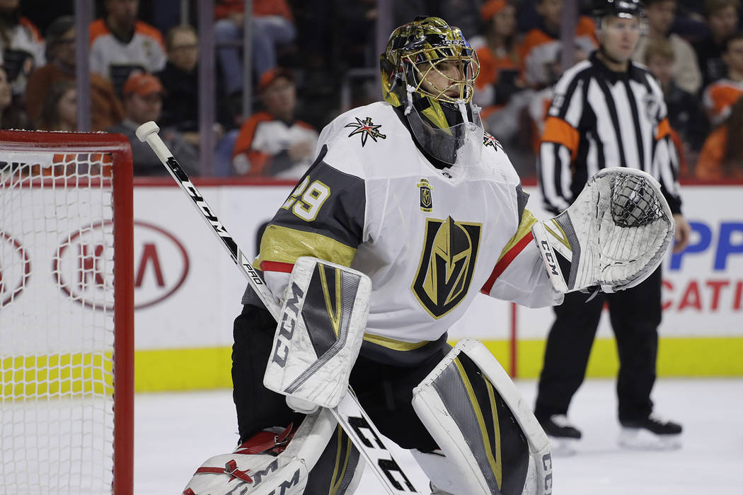 Vegas Golden Knights' Marc-Andre Fleury in action during an NHL hockey game against the Philadelphia Flyers, Monday, March 12, 2018, in Philadelphia. Vegas won 3-2. (AP Photo/Matt Slocum)