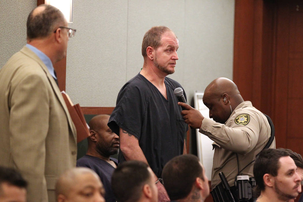 Disbarred Las Vegas lawyer Easton Harris apologizes to his victims during his sentencing at the Regional Justice Center in Las Vegas on Tuesday, March 13, 2018, after being indicted in August for ...