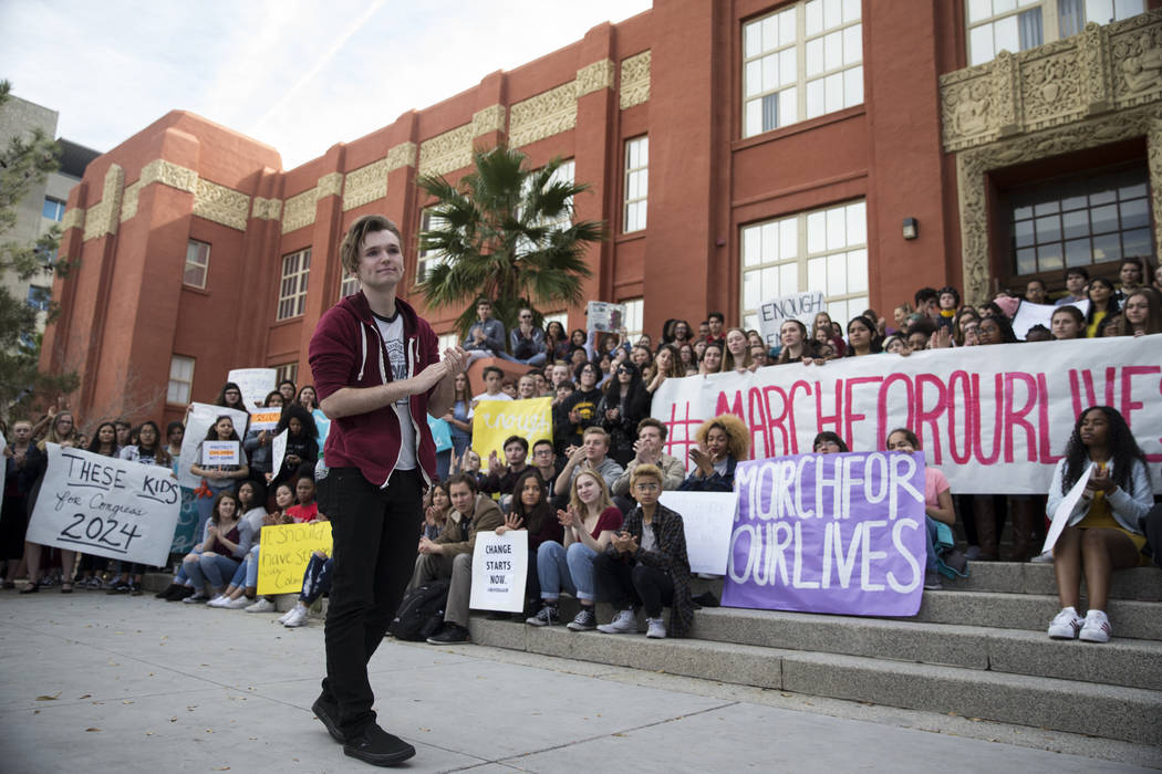 Jake Rouse, 18, rallies his fellow students participating in the national walkout to protest gun violence, at Las Vegas Academy in Las Vegas, Wednesday, March 14, 2018. Erik Verduzco Las Vegas Rev ...