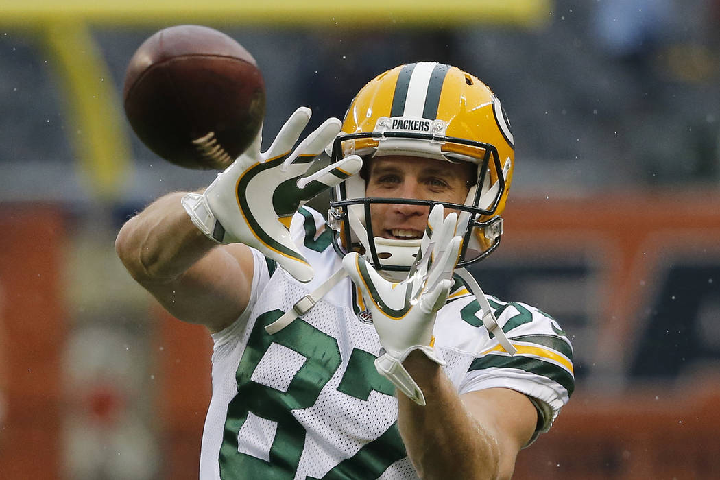 In this Nov. 12, 2017, file photo, Green Bay Packers wide receiver Jordy Nelson warms up before an NFL football game against the Chicago Bears in Chicago. (AP Photo/Charles Rex Arbogast, File)