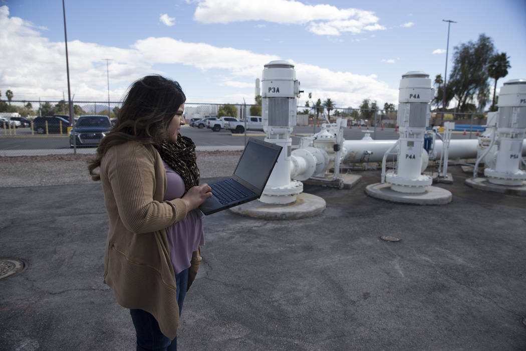 Dianne Ocon, engineering services supervisor for the Las Vegas Valley Water District, during a demonstration of RedEye, a mobile engineering drawing management software recently adopted by the LVV ...