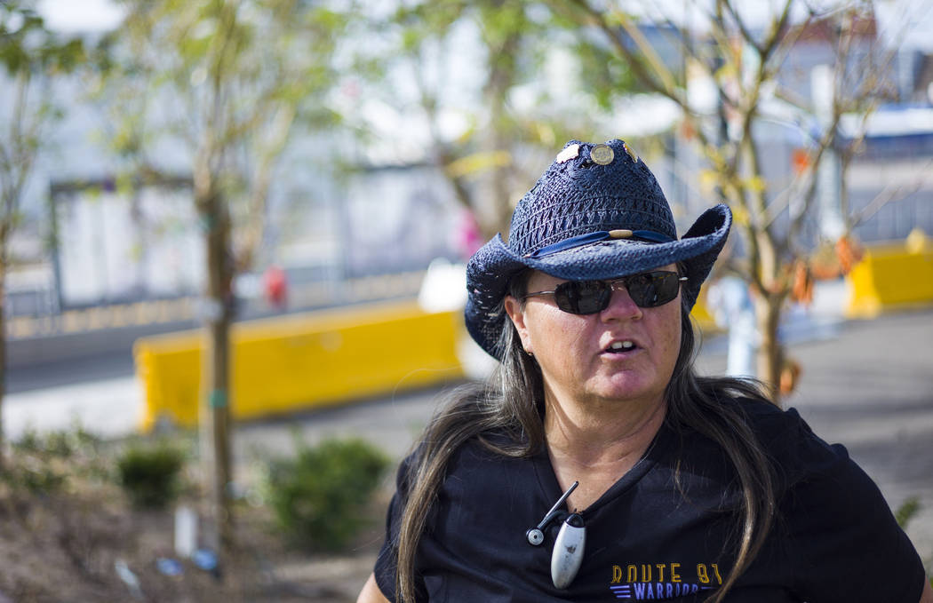 Oct. 1 shooting survivor Sue Ann Cornwell at the Community Healing Garden in downtown Las Vegas on Friday, March 9, 2018. Cornwell and Lujan were visiting one another for the first time since the  ...