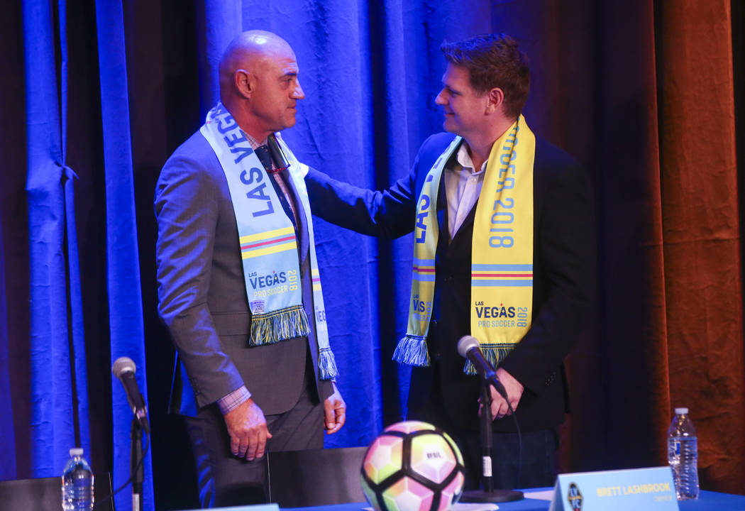 Jose Luis Sanchez Sola, also known as as Chelis, is introduced as coach by Las Vegas Lights FC owner Brett Lashbrook at Inspire Theater in downtown Las Vegas on Tuesday, Nov. 14, 2017. The new tea ...