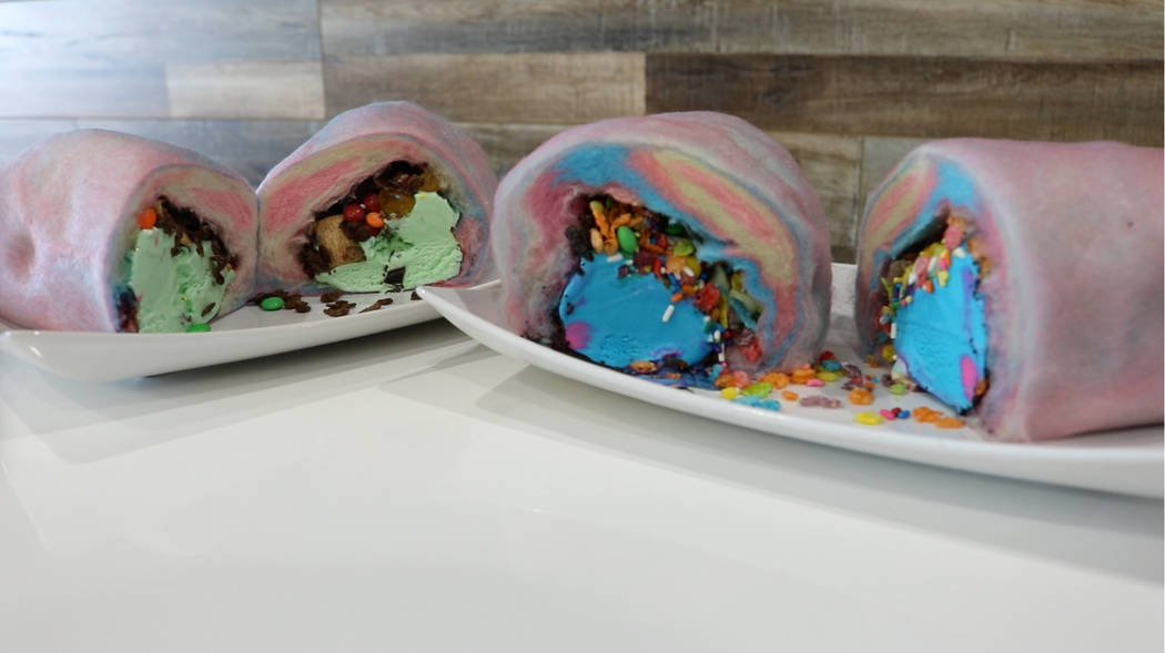 Creamberry’s cotton candy burrito is your choice of ice cream flavor and toppings wrapped in cotton candy. (Janna Karel Las Vegas Review-Journal)