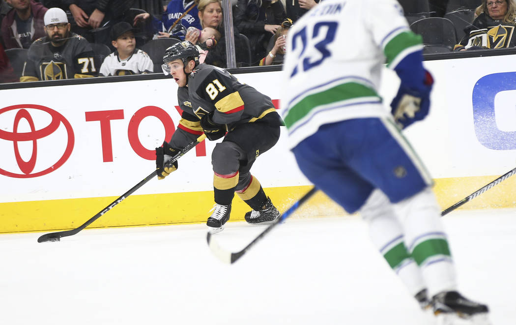 Golden Knights center Jonathan Marchessault (81) controls the puck against the Vancouver Canucks during the first period of an NHL hockey game at T-Mobile Arena in Las Vegas on Tuesday, March 20,  ...