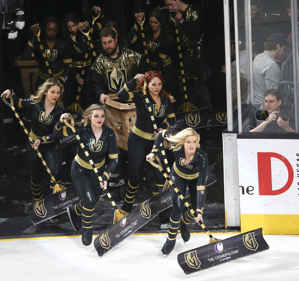 The Golden Knights ice crew during the second period of an NHL hockey game at T-Mobile Arena in Las Vegas on Tuesday, March 20, 2018. Chase Stevens Las Vegas Review-Journal @csstevensphoto