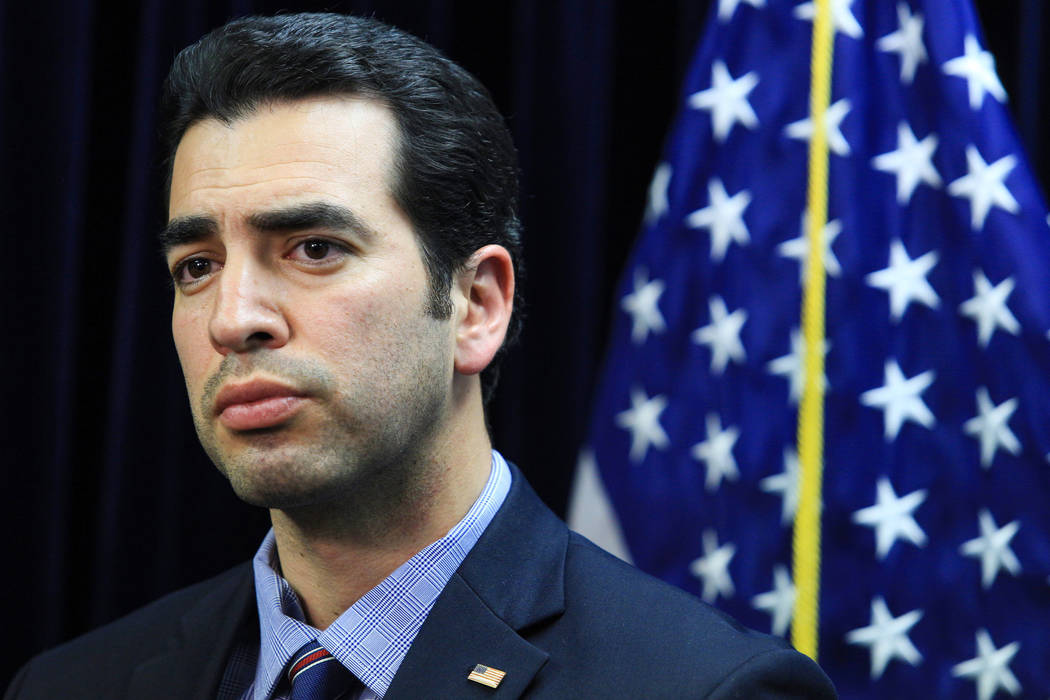Representative Ruben Kihuen D-Nev., makes a statement condemning the temporary immigration ban during a press conference at Dina Titus' office on Saturday, Jan. 28, 2017, in Las Vegas. Brett Le Bl ...