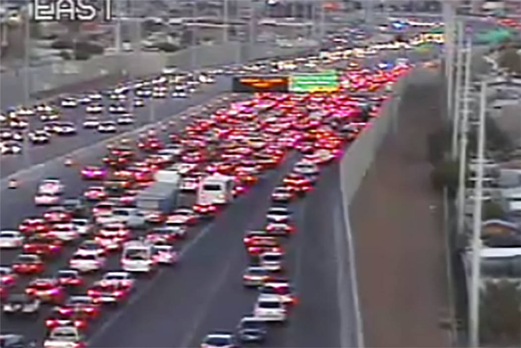 Traffic backs up in the southbound lanes of U.S. Highway 95 in Las Vegas on Friday night. (RTC Traffic Cameras)