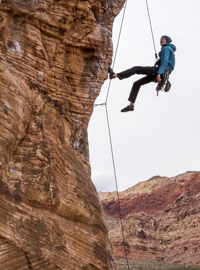 Eric Wesseling of Cincinnati, Ohio, figures out his next holds while climbing at Calico Basin during Red Rock Rendezvous on Saturday, March 17, 2018.  Patrick Connolly Las Vegas Review-Journal @PC ...