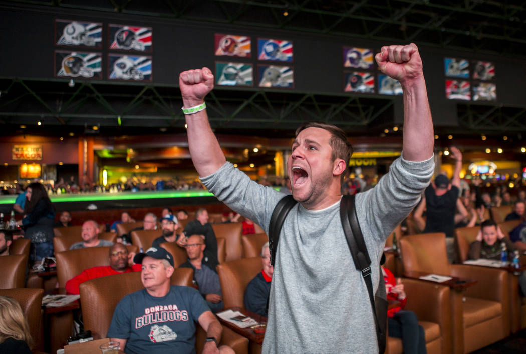 Jordan Johnson of Orlando, Fla., reacts after the Rhode Island Rams defeated the Oklahoma Sooners 83-78 at the Superbook at Westgate in Las Vegas on Thursday, March 15, 2018.  Patrick Connoll ...