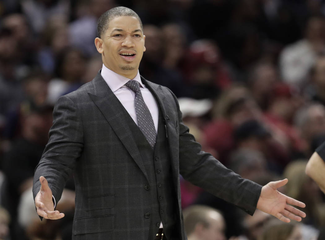 Cleveland Cavaliers head coach Tyronn Lue reacts in the first half of an NBA basketball game against the Oklahoma City Thunder, Saturday, Jan. 20, 2018, in Cleveland. The Thunder won 148-124. (AP ...