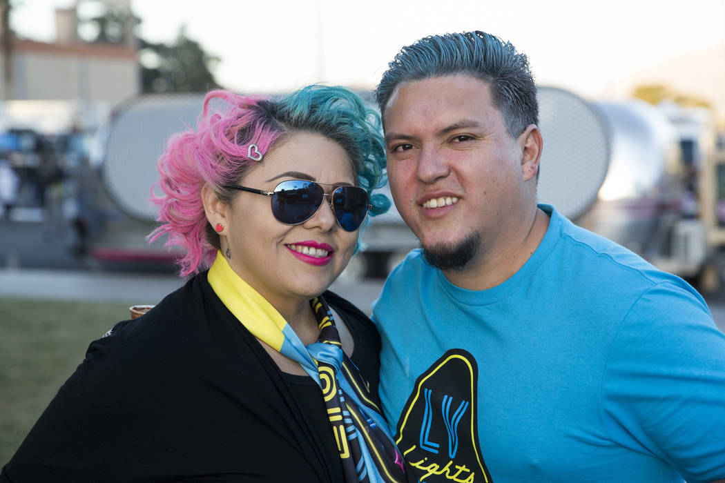 Margarita Nandy, left, with her husband Cesar Jimenez,  during the United Soccer League season home opener game for the Las Vegas Lights FC at Cashman Field in Las Vegas, Saturday, March 24, 2018. ...