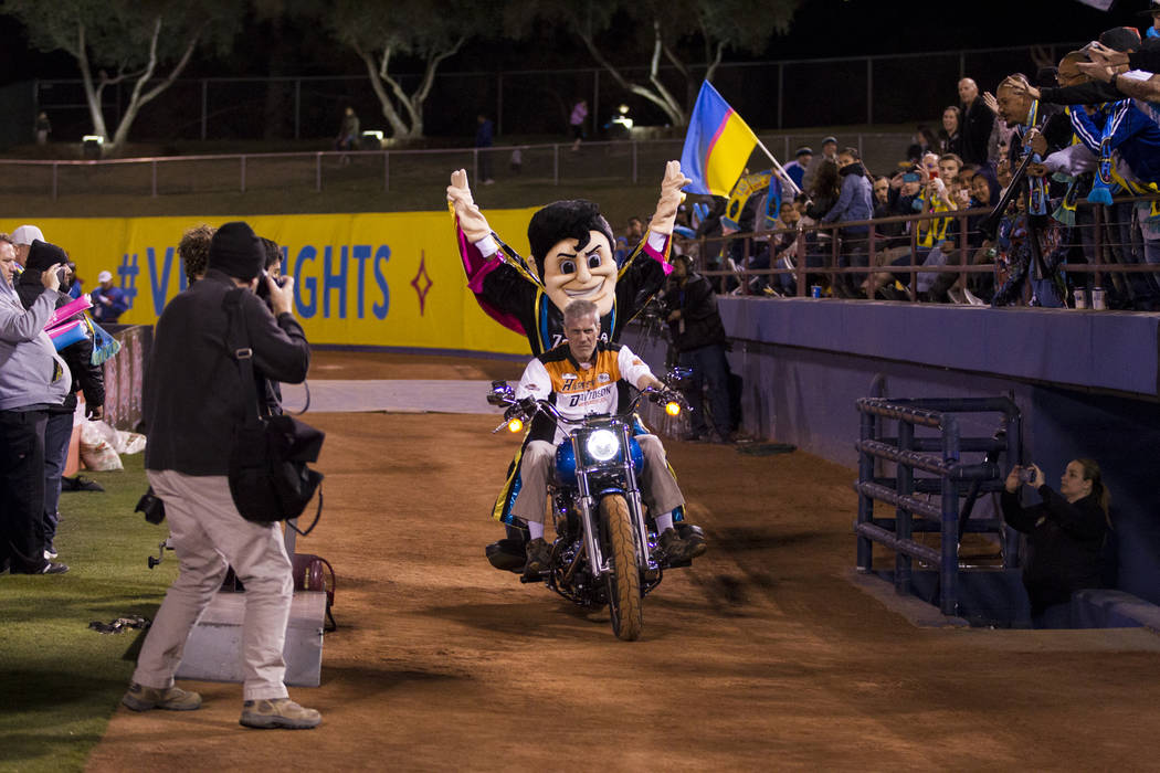 Las Vegas Lights FC mascot Cash the Soccer Rocker makes his entrance to the field for the United Soccer League game against Reno 1868 FC at Cashman Field in Las Vegas, Saturday, March 24, 2018. Er ...