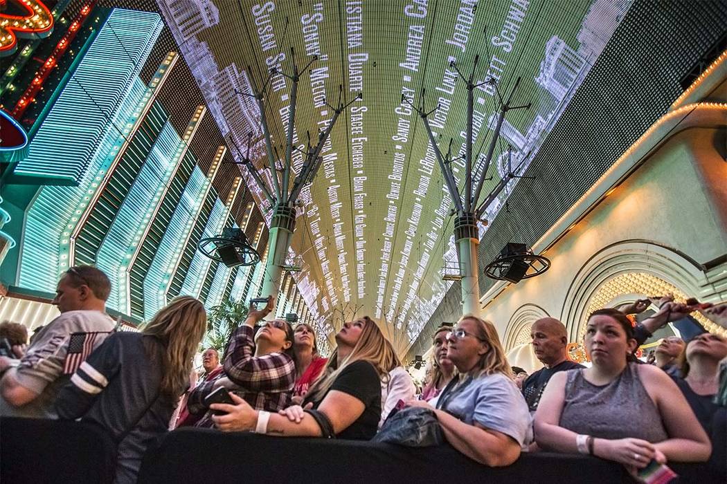 The names of the 58 people who were killed at the Route 91 Harvest Festival shooting are displayed on new Viva Vision screen during a video montage honoring victims and first responders on Saturda ...