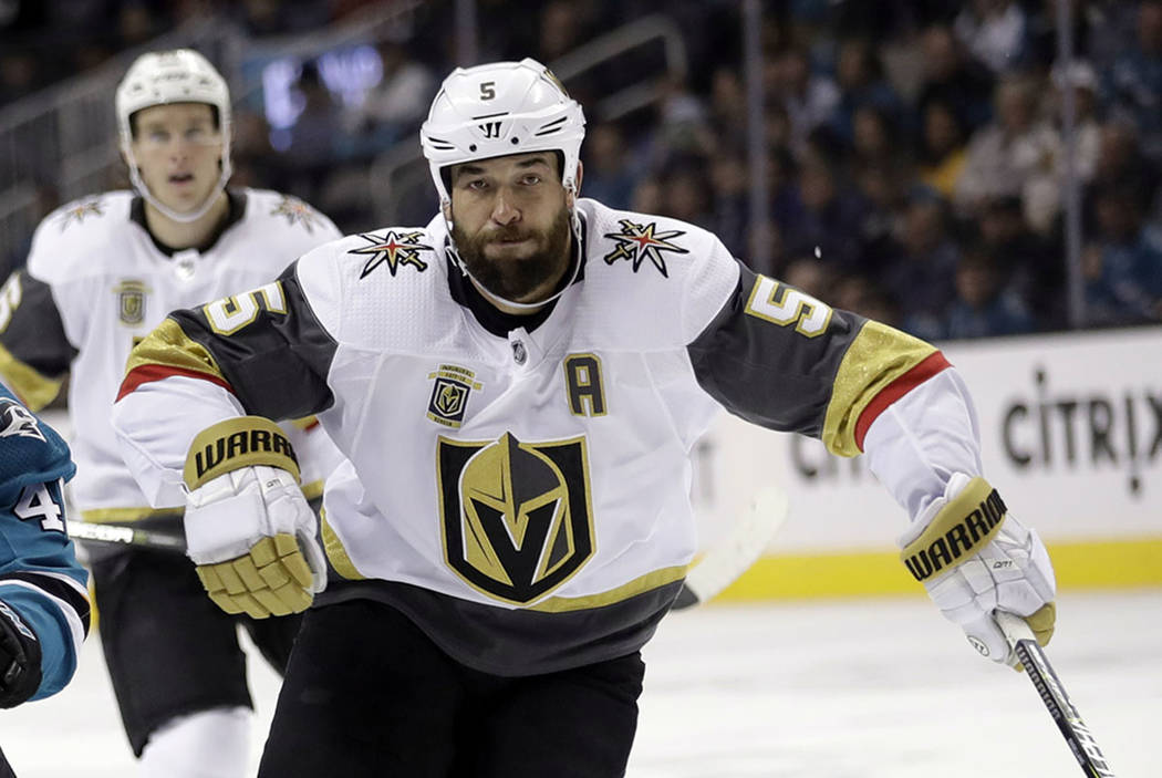 Vegas Golden Knights' Deryk Engelland (5) plays against the San Jose Sharks during the second period of an NHL hockey game Thursday, March 22, 2018, in San Jose, Calif. (AP Photo/Marcio Jose Sanchez)