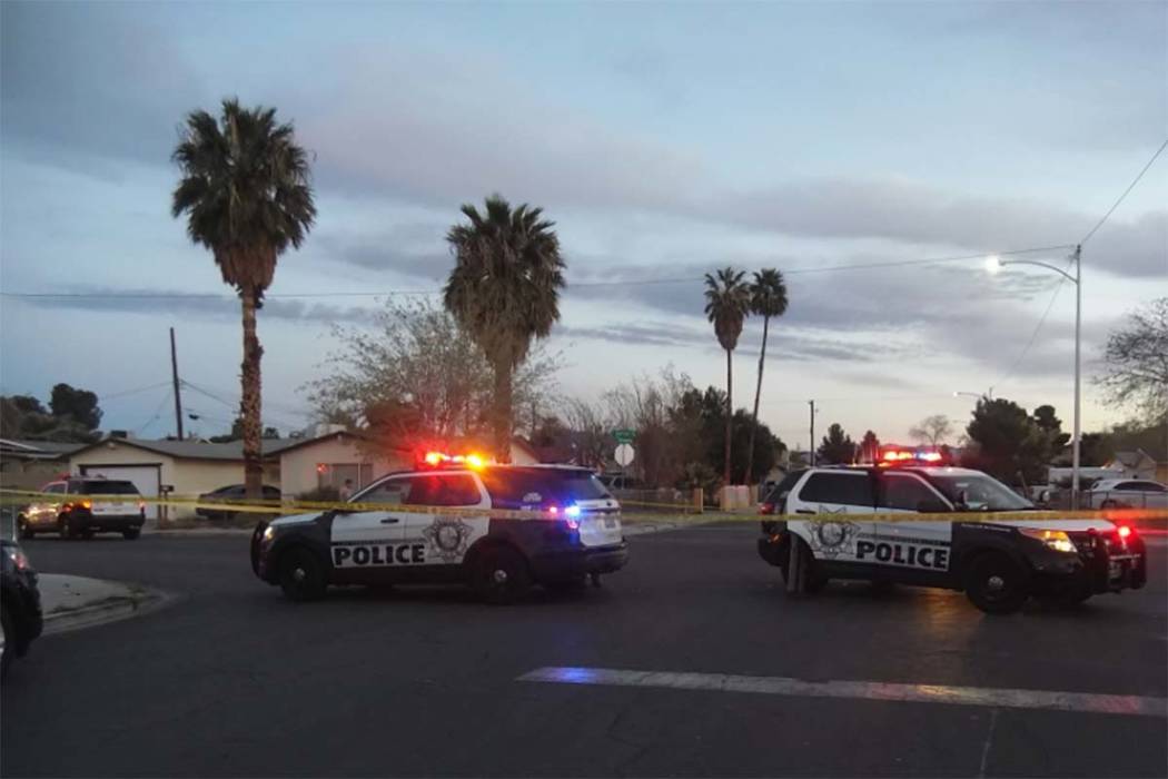 Las Vegas police are investigating a homicide in an east valley neighborhood near Sacramento Drive and Sunrise Avenue, Monday, March 26, 2018. (Max Michor/Las Vegas Review-Journal)
