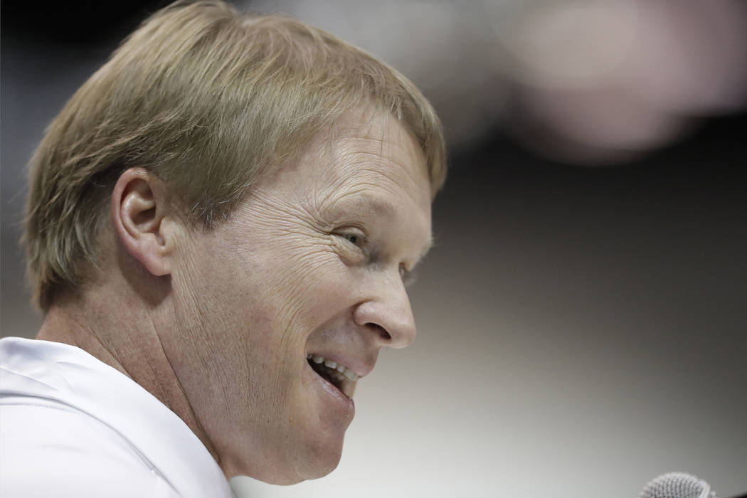 Oakland Raiders head coach Jon Gruden speaks during a press conference at the NFL Combine, Wednesday, Feb. 28, 2018, in Indianapolis. (AP Photo/Darron Cummings)