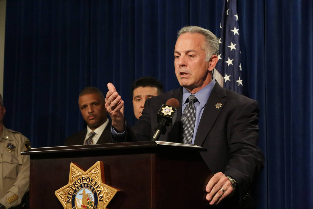 During a press conference at Las Vegas Metropolitan Police Department Headquarters on Monday, March 25, 2018, Sheriff Joe Lombardo discusses details of a multiple murder investigation that has bee ...