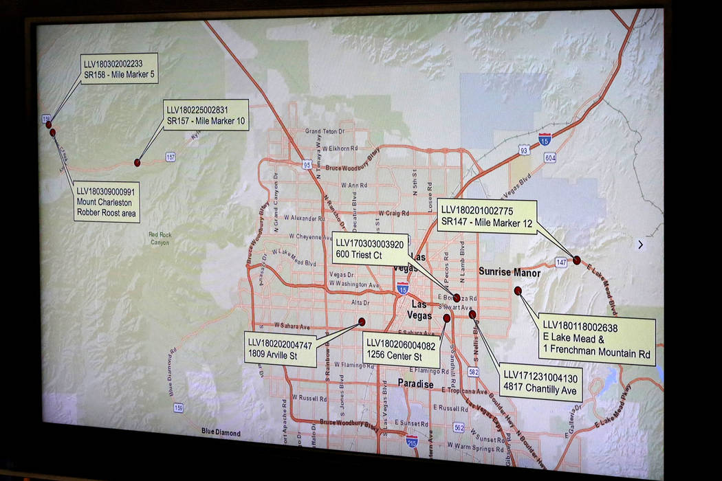 During a press conference at Las Vegas Metropolitan Police Department Headquarters on Monday, March 25, 2018, a map was displayed showing locations of multiple suspected gang related murders under ...