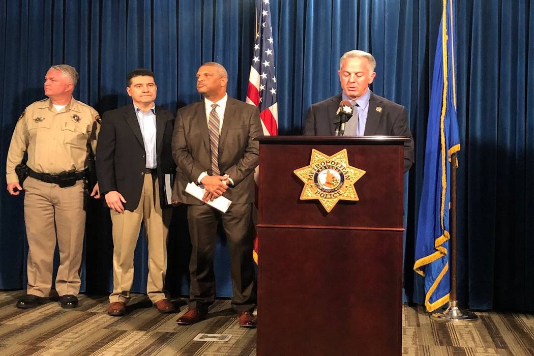 Sheriff Joseph Lombardo speaks during a press conference, Monday, March 26, 2018, to discuss a series of homicides taking place in Southern Nevada. (Rio Lacanlale/ Las Vegas Review-Journal)
