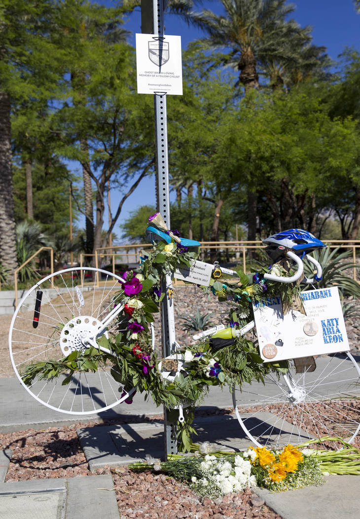 The ghost bike of Dr. Kayvan Khiabani along South Pavillion Center Drive near West Charleston Boulevard on Saturday, June 17, 2017, in Las Vegas. Khiabani, 51, was killed while riding his bike in ...