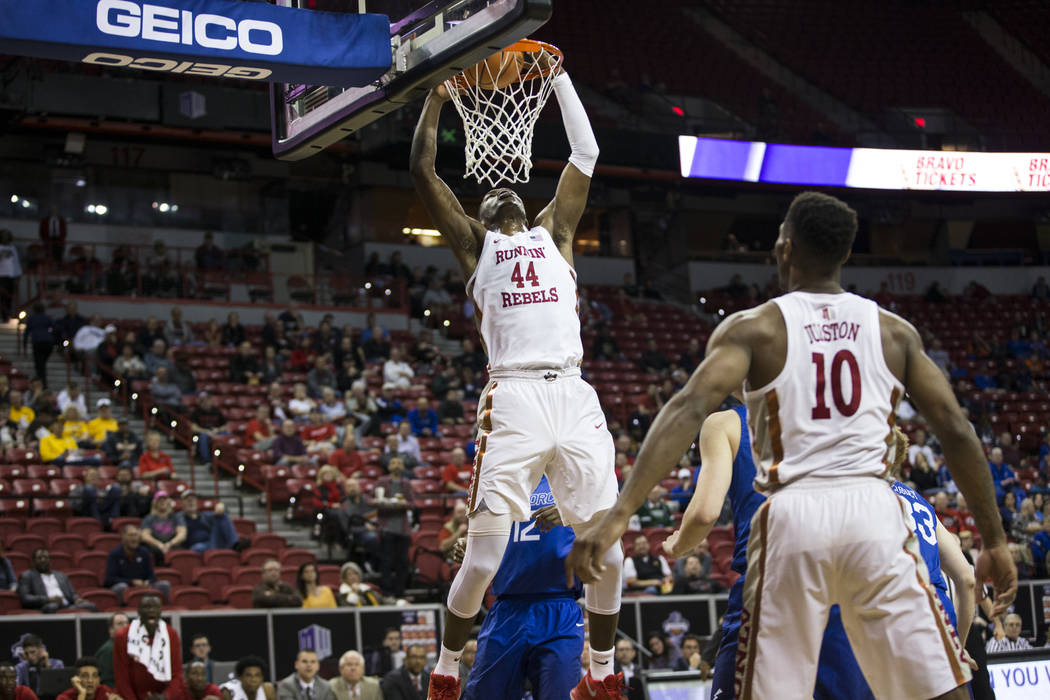 UNLV Rebels forward Brandon McCoy (44) scores a shot against Air Force Falcons in the second half of the Mountain West Conference men's basketball tournament game at the Thomas & Mack Center i ...