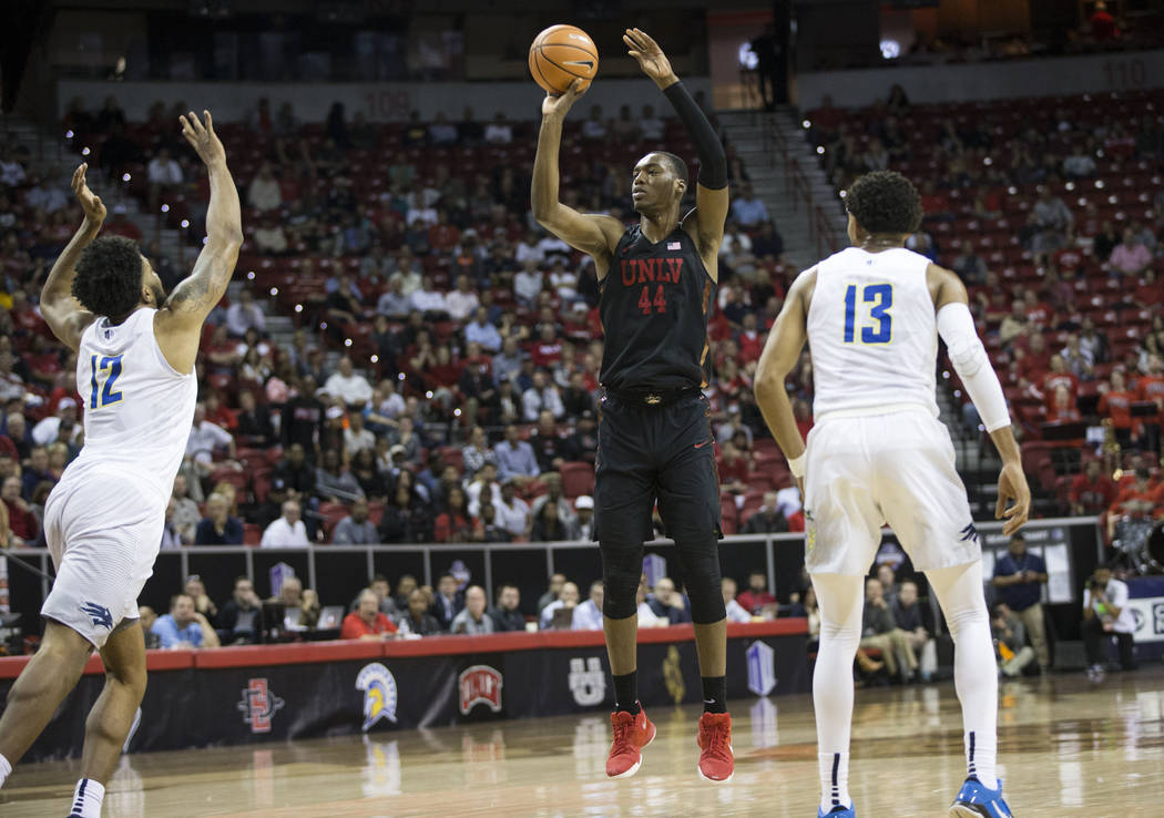 UNLV Rebels forward Brandon McCoy (44) takes a shot against Nevada Wolf Pack in the first half of the Mountain West Conference men's basketball tournament game at the Thomas & Mack Center in L ...