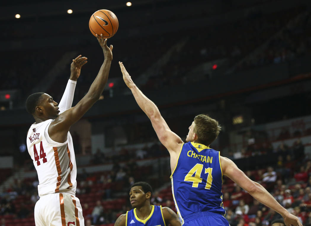 UNLV Rebels forward Brandon McCoy (44) shoots over San Jose State Spartans center Ashtin Chastain (41) during a basketball game at the Thomas & Mack Center in Las Vegas on Wednesday, Jan. 31,  ...