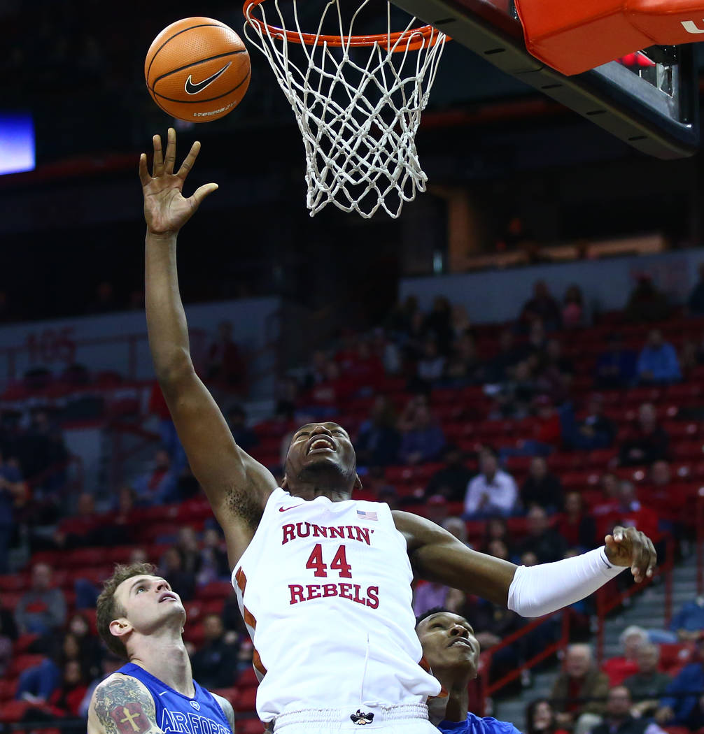 UNLV Rebels forward Brandon McCoy (44) comes up short on an attempted dunk against Air Force during a basketball game at the Thomas & Mack Arena in Las Vegas on Wednesday, Feb. 14, 2018. Chase ...