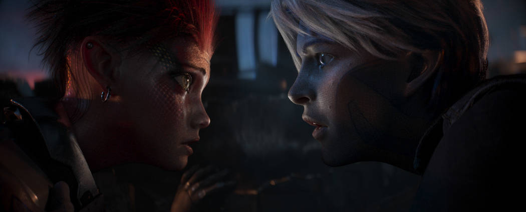 (L-r) Art3mis voiced Olivia Cook as Samantha Cook and Tye Sheridan as Parzival in "Ready Player One." (Warner Bros. Pictures)