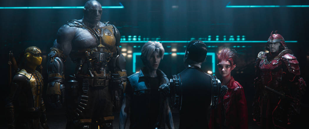 Sho, Aech, Parzival, the Curator, Art3mis and Daito appear in a scene from "Ready Player One." (Warner Bros. Pictures)