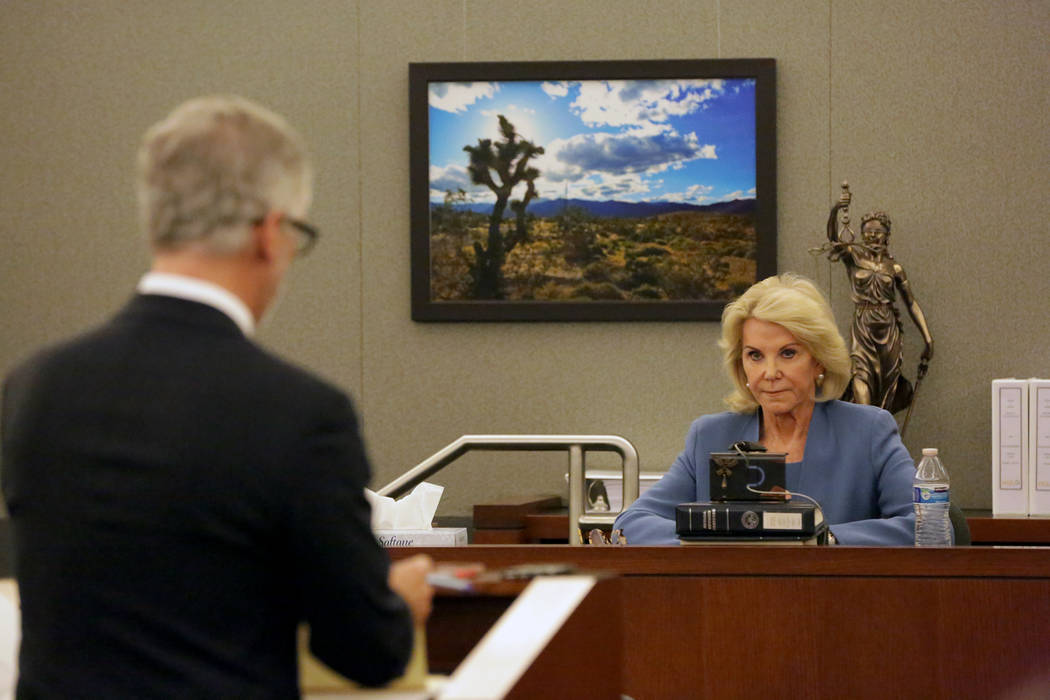 Attorney James J. Pisanelli, left, representing Wynn Resorts, questions Elaine Wynn, in Clark County District Court at the Regional Justice Center in Las Vegas on Wednesday, March 28, 2018. Michae ...