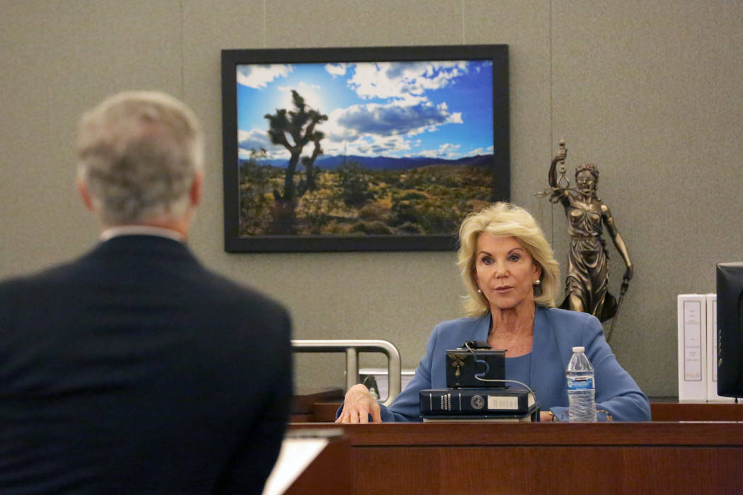 In Clark County District Court at the Regional Justice Center in Las Vegas on Wednesday, March 28, 2018, Elaine Wynn responds to questions from attorney James J. Pisanelli, left, who says Wynn is ...