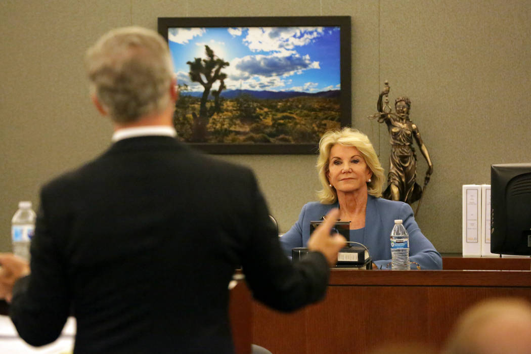 Attorney James J. Pisanelli, left, representing Wynn Resorts, questions Elaine Wynn, in Clark County District Court at the Regional Justice Center in Las Vegas on Wednesday, March 28, 2018. Michae ...