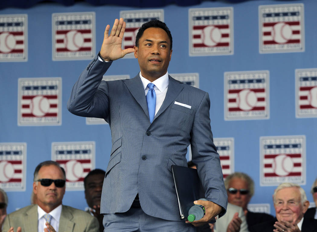 Hall of Famer Roberto Alomar during the Baseball Hall of Fame induction ceremony in Cooperstown, N.Y., on Sunday, July 24, 2011. (AP Photo/Mike Groll)