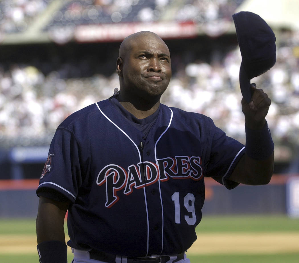 FILE - In this Oct. 7, 2001 file photo, San Diego Padres' Tony Gwynn fights back tears as he acknowledges the standing ovation prior to the Padres' game against the Colorado Rockies in San Diego.  ...