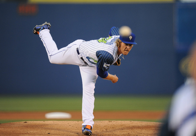 Las Vegas 51s starting pitcher Noah Syndergaard delivers against the Fresno Grizzlies during the first inning of their minor league baseball game at Cashman Field in Las Vegas Saturday April 18, 2 ...
