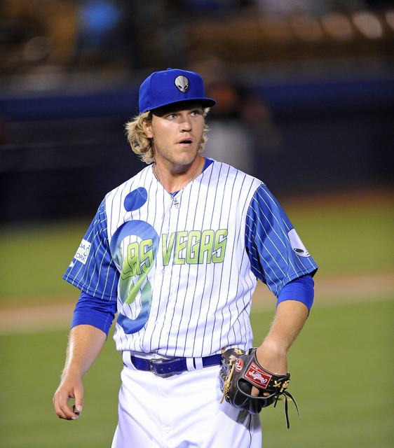 Las Vegas 51s starting pitcher Noah Syndergaard is seen heading to the dugout after retiring the Fresno Grizzlies in the second inning of their minor league baseball game at Cashman Field in Las V ...