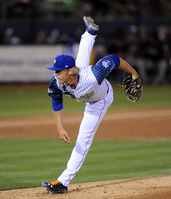Las Vegas 51s starting pitcher Noah Syndergaard delivers against the Fresno Grizzlies in the second inning of their minor league baseball game at Cashman Field in Las Vegas Saturday April 18, 2015 ...