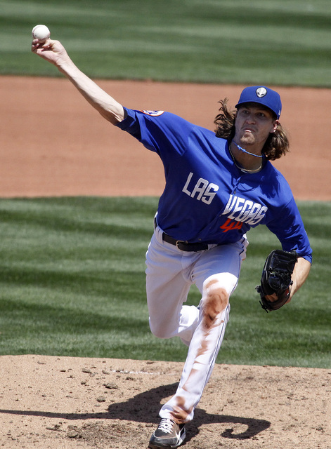 Jacob deGrom pitches against the El Paso Chihuahuas during the second game of the 51s ten game home stand at Cashman Field in Las Vegas on Sunday, April 20, 2014. Degrom is off to one of the best  ...