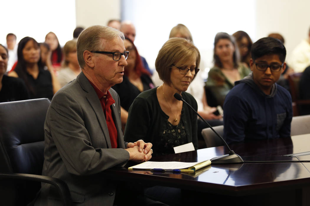 Sen. David Parks, D-Las Vegas, addresses members of the Nevada Department of Education during a hearing on proposed gender diverse regulations at the Department of Education's board room in Las Ve ...