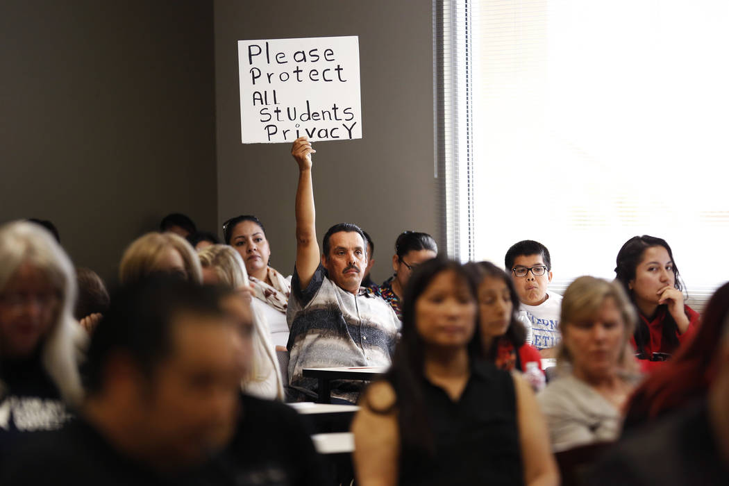 Gerardo Gonzalez attends a hearing on proposed gender diverse regulations at the Department of Education's board room in Las Vegas on Friday, March 30, 2018. The State Department of Education is e ...