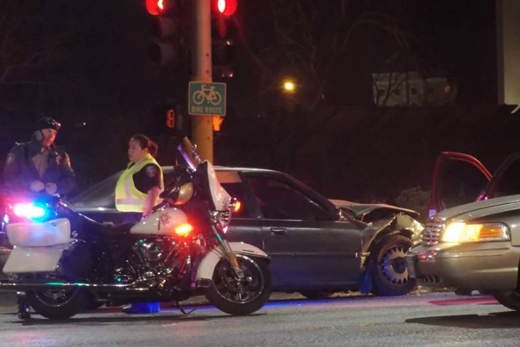 Four people were hospitalized Friday morning after a head-on crash at the intersection of Flamingo Road and Swenson Street. (Max Michor/Las Vegas Review-Journal)