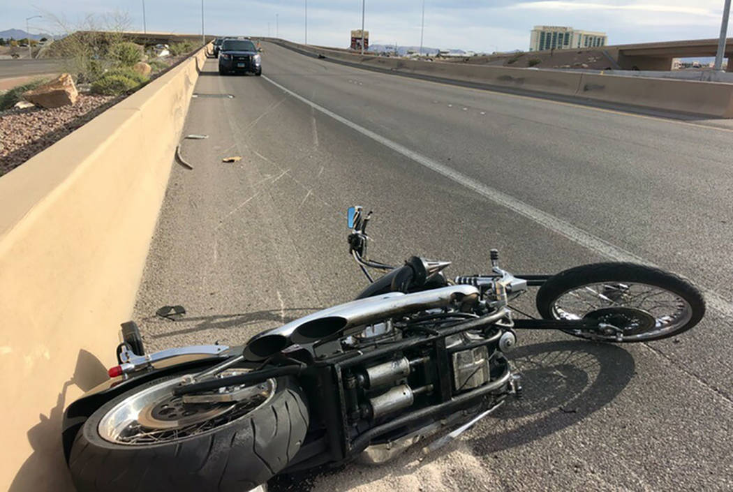 The Nevada Highway Patrol works the scene of a fatal motorcycle crash on the flyover ramp from eastbound state Route 160 to northbound Interstate 15 in Las Vegas on Saturday. (NHP)