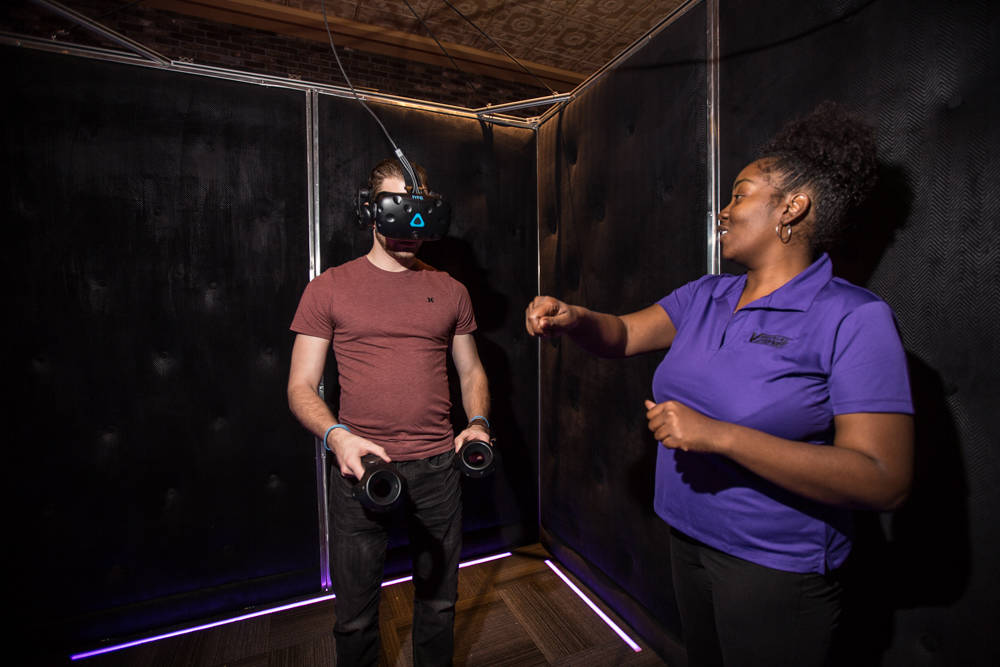 A Boyd employee gets ready to try IGT's new virtual-reality game on Friday, March 23, 2018, at The Orleans in Las Vegas. Todd Prince Review-Journal